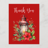 赤いクリスマスランタンポインセチアとピンありがとう ポストカード (正面)
