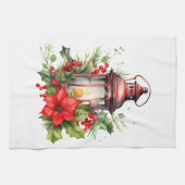 赤いクリスマスランタンポインセチアと松 キッチンタオル (横)