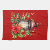 赤いクリスマスランタンポインセチアと松 キッチンタオル (横)