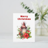 赤いクリスマスランタンポインセチアと松 シーズンポストカード (スタンド正面)