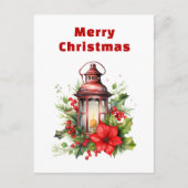 赤いクリスマスランタンポインセチアと松 シーズンポストカード (正面)