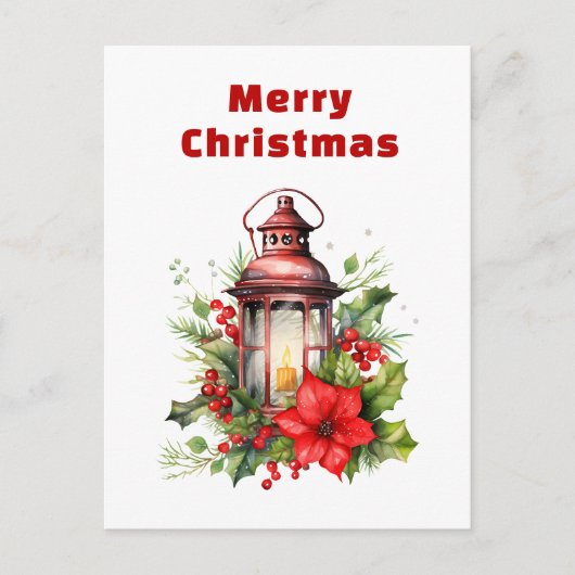 赤いクリスマスランタンポインセチアと松 シーズンポストカード (正面)