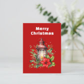 赤いクリスマスランタンポインセチアと松 シーズンポストカード (スタンド正面)