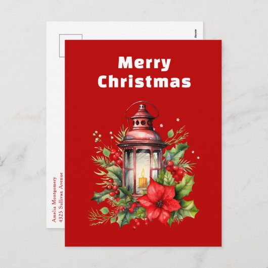 赤いクリスマスランタンポインセチアと松 シーズンポストカード (正面/裏面)
