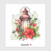 赤いクリスマスランタンポインセチアと松 シール (シート)