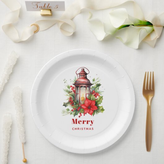 赤いクリスマスランタンポインセチアと松 ペーパープレート (ウェディング)