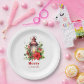 赤いクリスマスランタンポインセチアと松 ペーパープレート (パーティー)