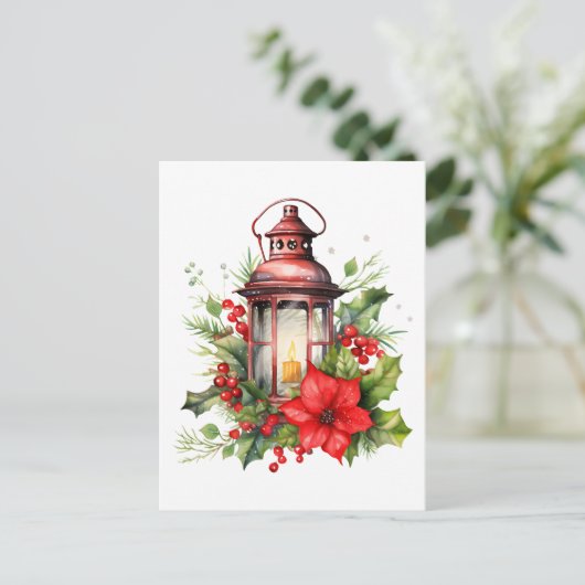 赤いクリスマスランタンポインセチアと松 ポストカード (スタンド正面)