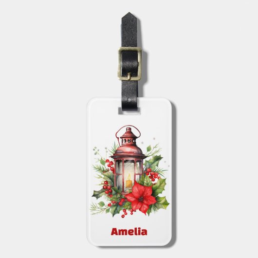 赤いクリスマスランタンポインセチアと松 ラゲッジタグ (正面縦)