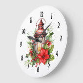 赤いクリスマスランタンポインセチアと松 ラージ壁時計 (傾斜)