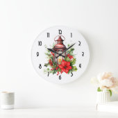 赤いクリスマスランタンポインセチアと松 ラージ壁時計 (ホーム)