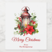 赤いクリスマスランタンポインセチアと松 ワインラベル (シングルラベル)
