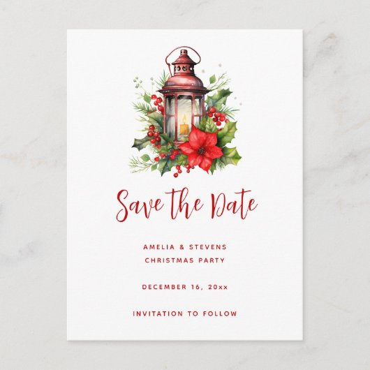 赤いクリスマスランタンポインセチアと松 案内ポストカード (正面)