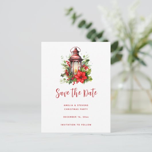 赤いクリスマスランタンポインセチアと松 案内ポストカード (スタンド正面)