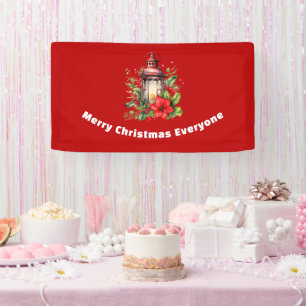 赤いクリスマスランタンポインセチアと松 横断幕