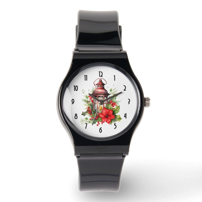 赤いクリスマスランタンポインセチアと松 腕時計 (正面)