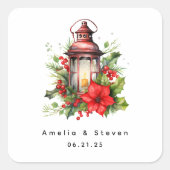 赤いクリスマスランタンポインセチア結婚- スクエアシール (正面)
