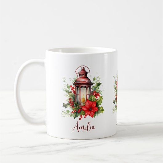 赤いクリスマスランプ ポインセチアと松 コーヒーマグカップ (左)