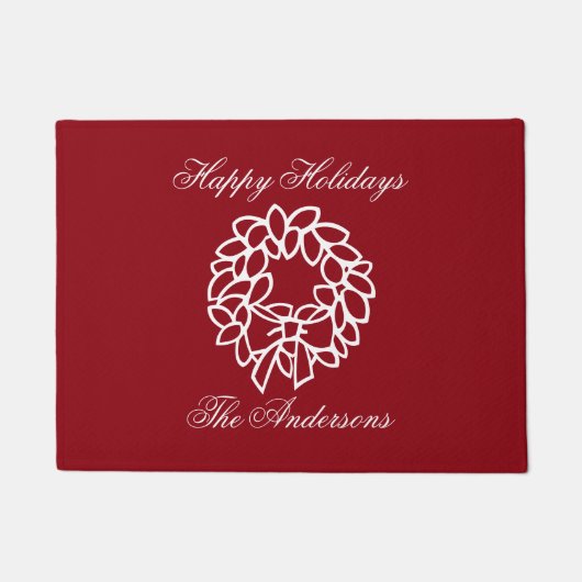 赤いクリスマスリースの玄関マットに家族の名前 ドアマット (正面)