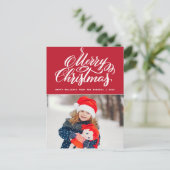 赤いクリスマスレタリング家族の写真ホリデーカード ポストカード (スタンド正面)
