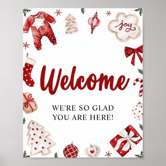赤いクリスマス冬の赤ちゃんシャワー歓迎サイン ポスター (正面)