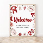 赤いクリスマス冬の赤ちゃんシャワー歓迎サイン ポスター