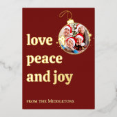 赤いクリスマス家族写真 愛 平和 喜び ゴールド 箔シーズンカード (正面)