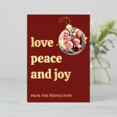 赤いクリスマス家族写真 愛 平和 喜び ゴールド 箔シーズンカード (立ち正面)