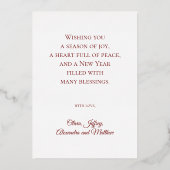 赤いクリスマス家族写真 愛 平和 喜び ゴールド 箔シーズンカード (裏面)