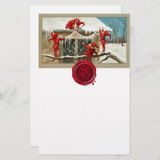 赤いクリスマス小人と氷柱ワックスシールモノグラム 便箋 (正面/裏面)