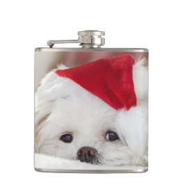 赤いクリスマス帽子をかぶったかわいい白い犬 フラスク