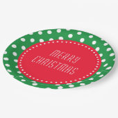 赤いクリスマス水玉模様の付いた緑と白のパップ ペーパープレート (アングル)