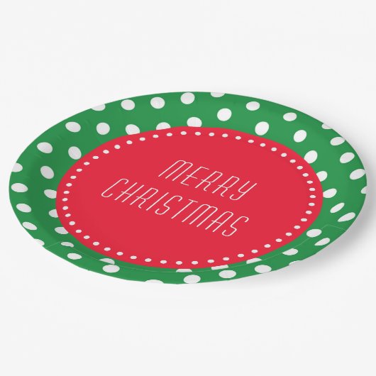 赤いクリスマス水玉模様の付いた緑と白のパップ ペーパープレート (アングル)