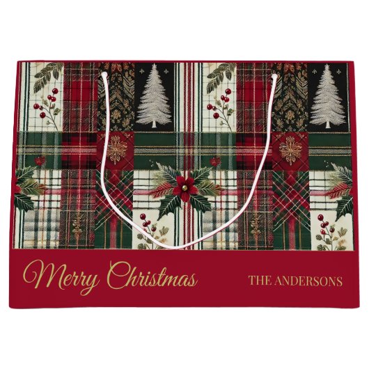 赤いクリスマス素朴の格子模様伝統的 ラージペーパーバッグ (正面)