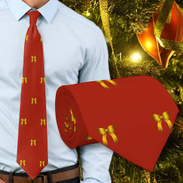 赤いクリスマス ネクタイ 小さな金のリボン 模様