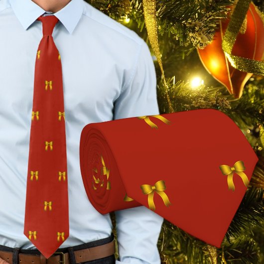 赤いクリスマス ネクタイ 小さな金のリボン 模様