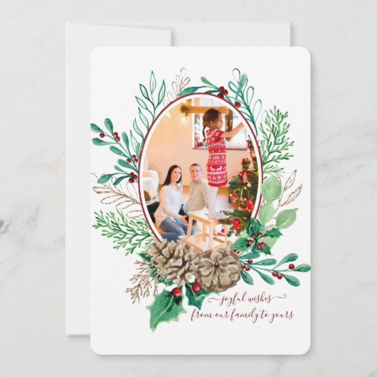 赤いクリスマス ホリーベリー 松ぼっくりリース w 写真 シーズンカード (正面)