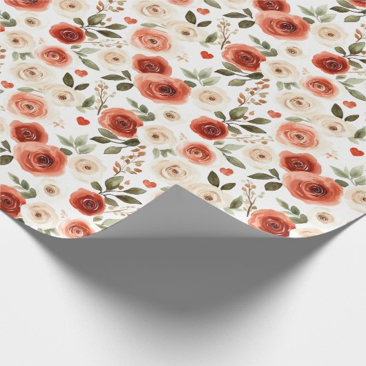 赤いクリームのハートと花のブライズシャワー ラッピングペーパー (角)
