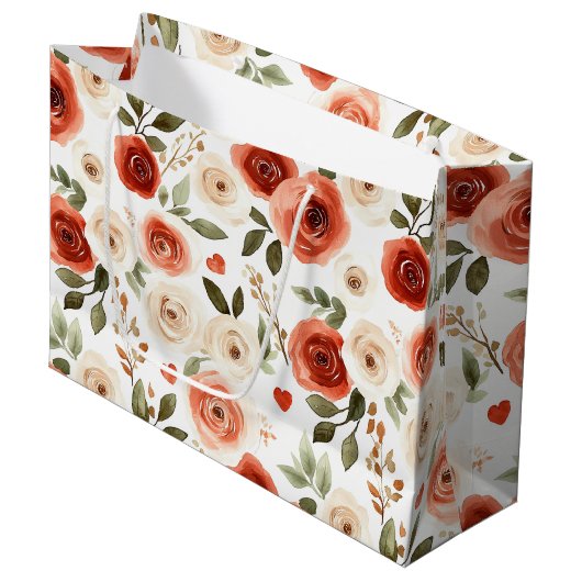 赤いクリームのハートと花のブライズシャワー ラージペーパーバッグ (正面アングル)