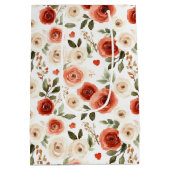 赤いクリームのハートと花のブライダルシャワー ミディアムペーパーバッグ (裏面)