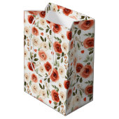 赤いクリームのハートと花のブライダルシャワー ミディアムペーパーバッグ (裏面アングル)