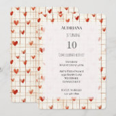 赤いクリームのハートのラインの誕生日 招待状 (正面/裏面)