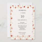 赤いクリームのハートのラインの誕生日 招待状 (正面)