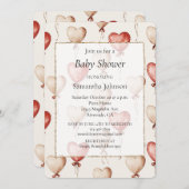 赤いクリームハートバルーン赤ちゃんシャワー 招待状 (正面/裏面)