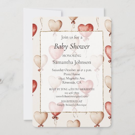 赤いクリームハートバルーン赤ちゃんシャワー 招待状 (正面)