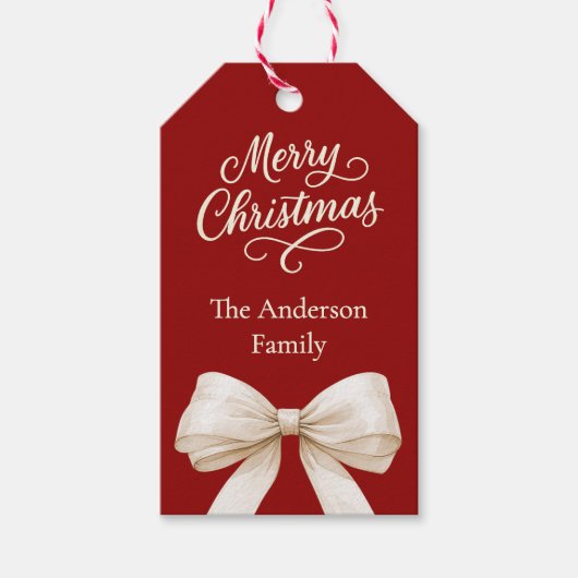 赤いクリーム弓クリスマス ギフトタグ (正面)