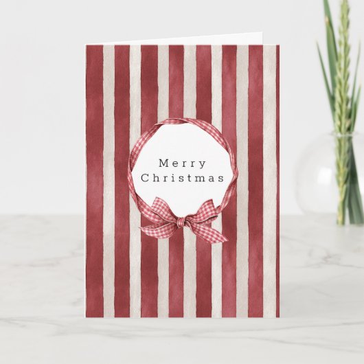 赤いクリーム色のストライプのクリスマスリボン カード (正面)