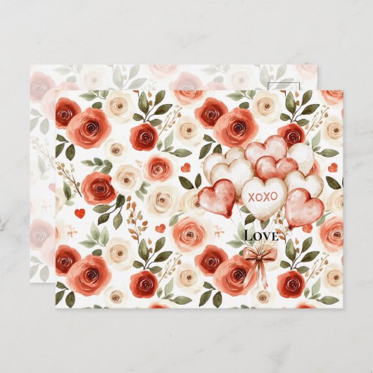 赤いクリーム色のハートと花のハート風船 ポストカード (正面/裏面)