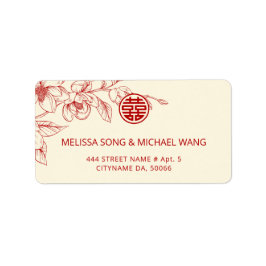 赤いクリーム色のモクレン 中国風の結婚式 ラベル