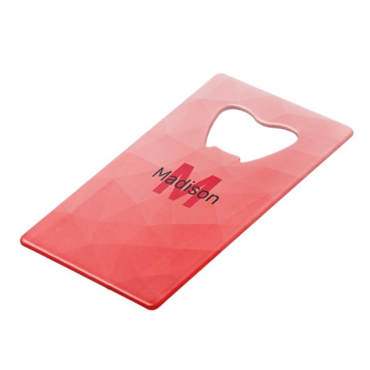 赤いグラデーションのジオメトリメッシュパターンモノグラム クレジットカード栓抜き (正面アングル)